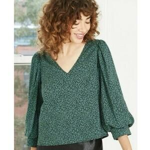 A New Day Women’s Printed Bishop Long Sleeve Top Green & Black - Size M